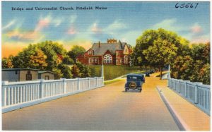 Universalist Church as seen from the bridge, 1930s post card.